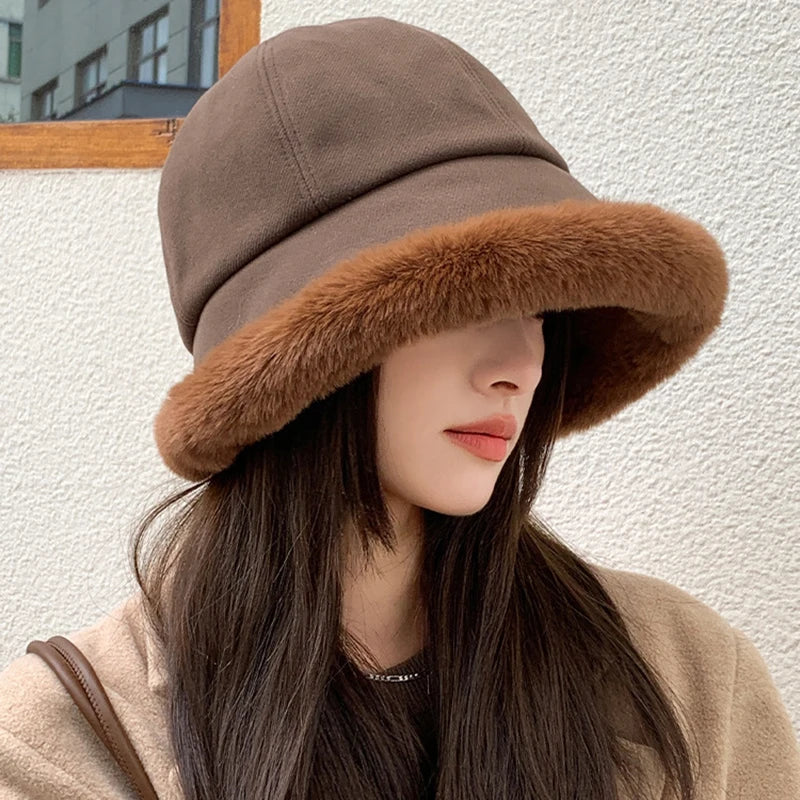 Fashion Fluffy Fur Bucket Hat for Women Winter Thick Warm  Panama Fisherman Hat Female Vintage Soft Plush Basin Cap