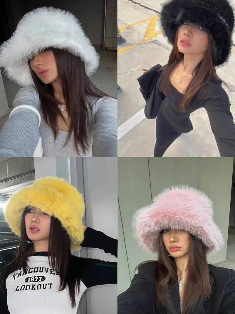 Bright Yellow Imitation Mink Fur Bucket Hat Women's Winter Fluffy Plush Basin Cap Warm Sun Protection Panama Style Korean New