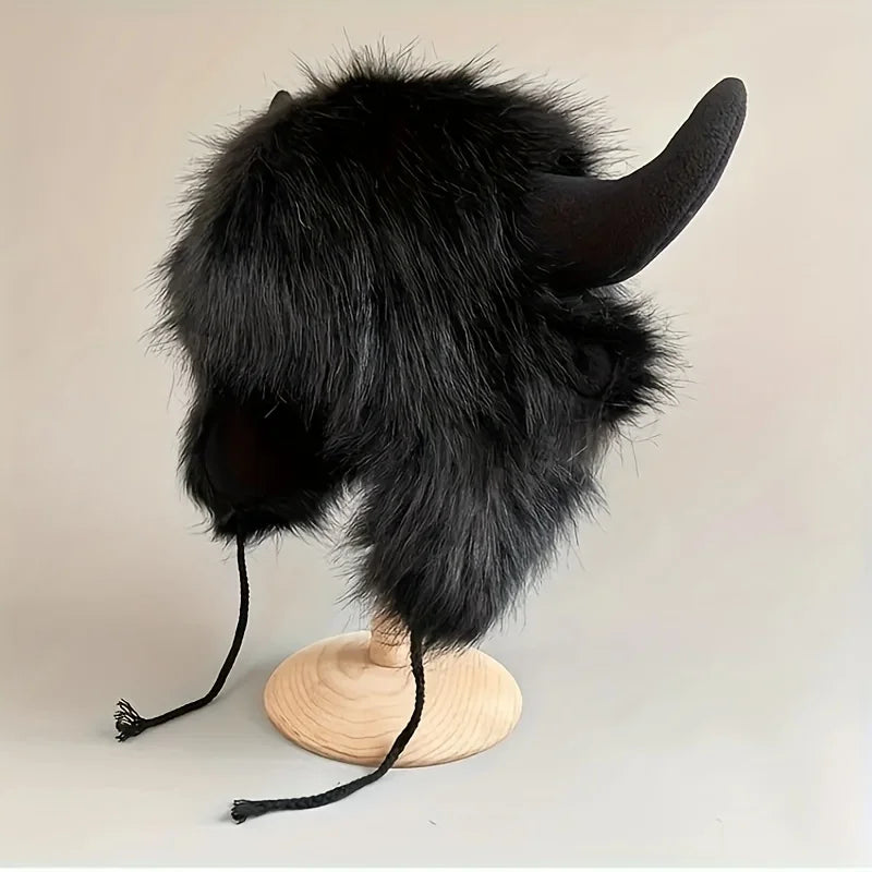 Women's Cow Skull Fisherman Hat with Faux Fur Horns - Winter Warm Ear Protection Beanie, Soft Imitation Mink Material women