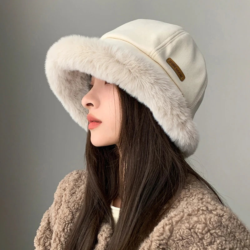 Fashion Fluffy Fur Bucket Hat for Women Winter Thick Warm  Panama Fisherman Hat Female Vintage Soft Plush Basin Cap