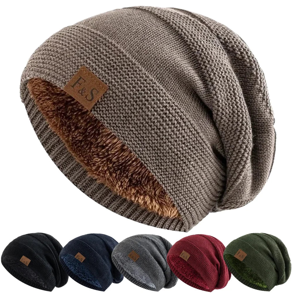 Hot Sale Unisex Classic Slouchy Winter Hats Plush Fur Lined Warm Beanie Cap Men Women Casual FS Label Decor Winter Knitted Hats