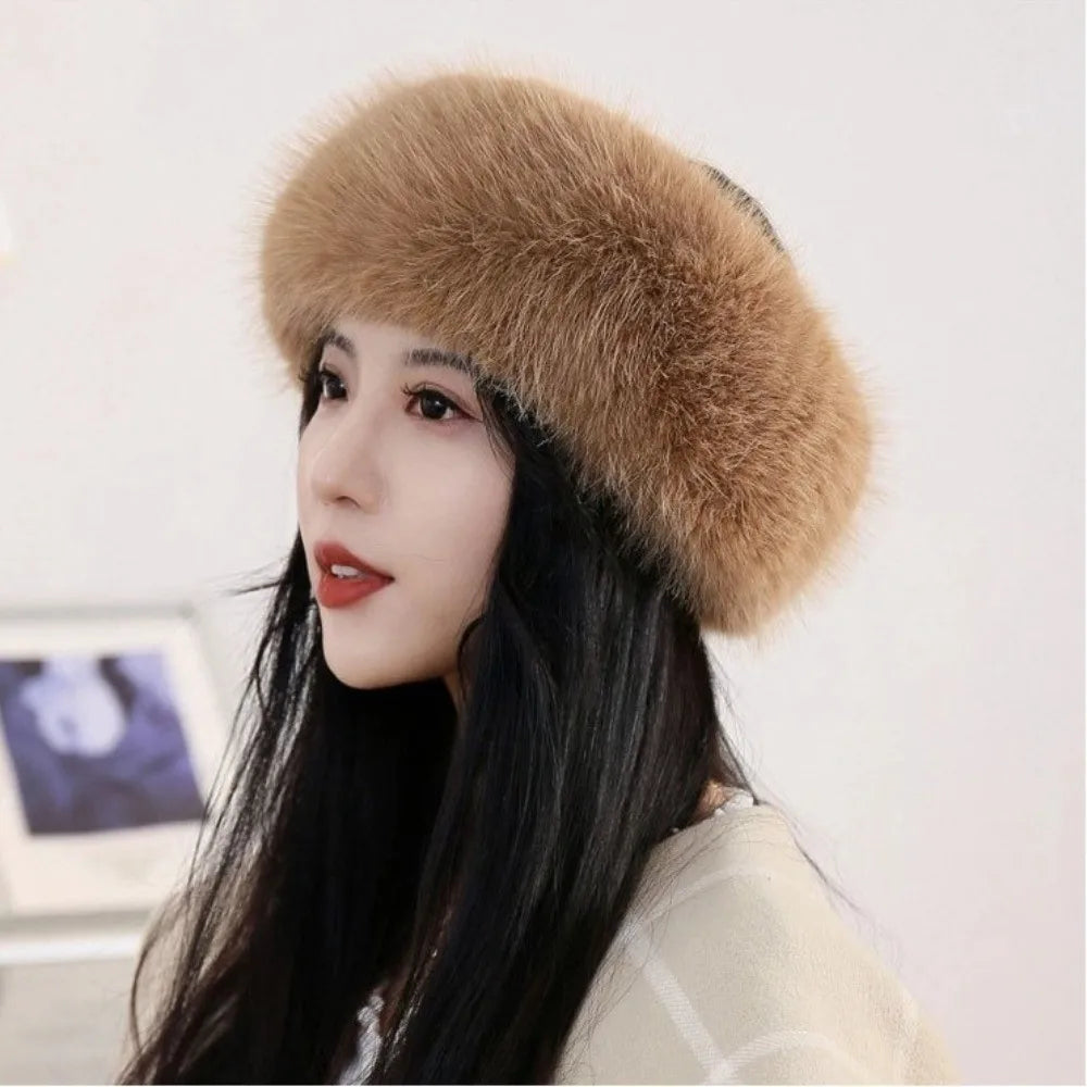 Fashion Thick Turban Hat Imitation Fox Fur Solid Color Winter Hat Keep Warm Elastic Ski Hats Winter