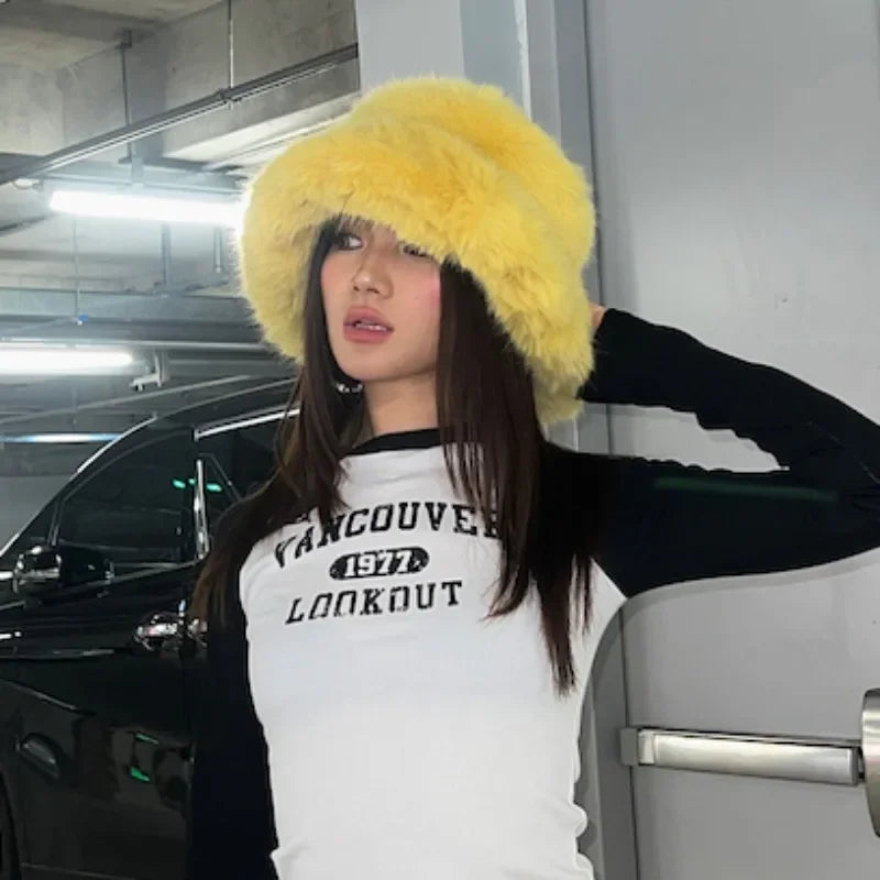 Bright Yellow Imitation Mink Fur Bucket Hat Women's Winter Fluffy Plush Basin Cap Warm Sun Protection Panama Style Korean New