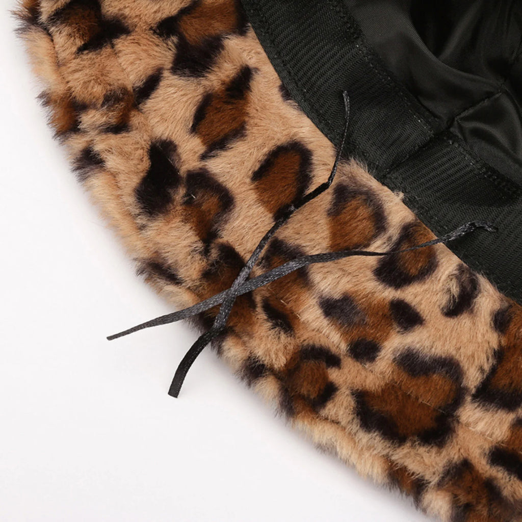 1PC Leopard Fuzzy Bucket Hat for Women, Soft Faux Fur Trendy Animal Print, Winter Warm Fashion Accessory，Headwear for Daily