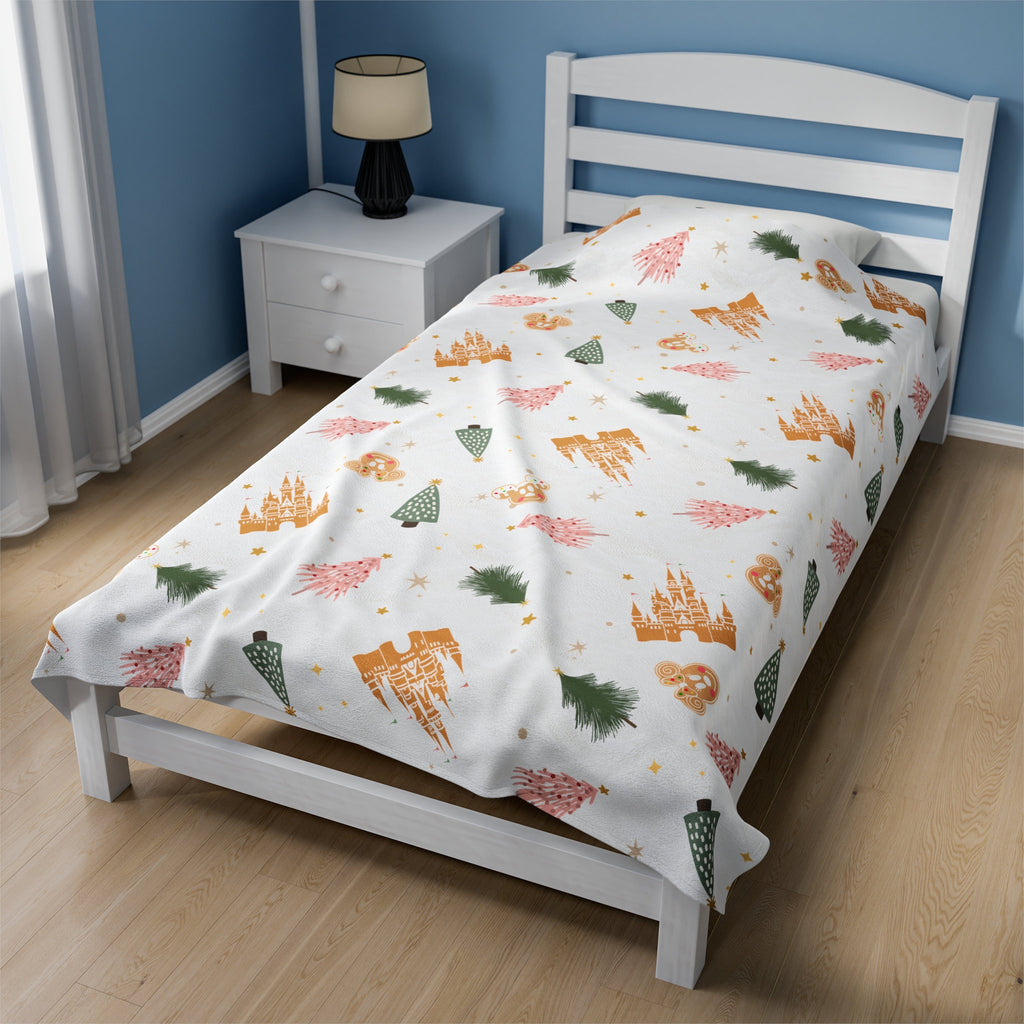 Magical Disney Castle Velveteen Blanket with Christmas Trees - Perfect for Cozy Holiday Nights, Disney Christmas Home Decor Blanket