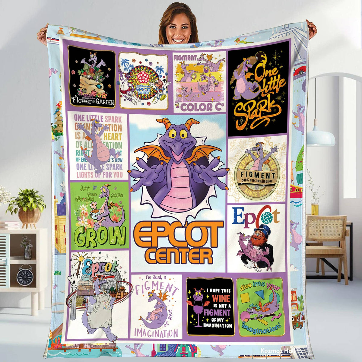 Figment Epcot Blanket | Figment One Little Spark Blanket Epcot Festival Blanket Disneyland Fleece Blanket