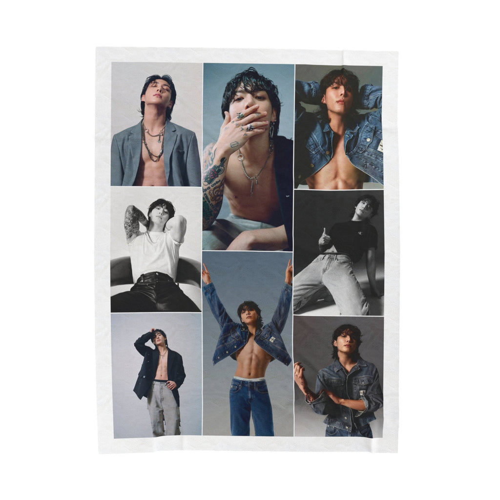 JK Boyfriend Photo Grid Blanket, JK Abs Tattoo Velveteen Blanket, Custom Gift for Army and K-Pop Fans #2313