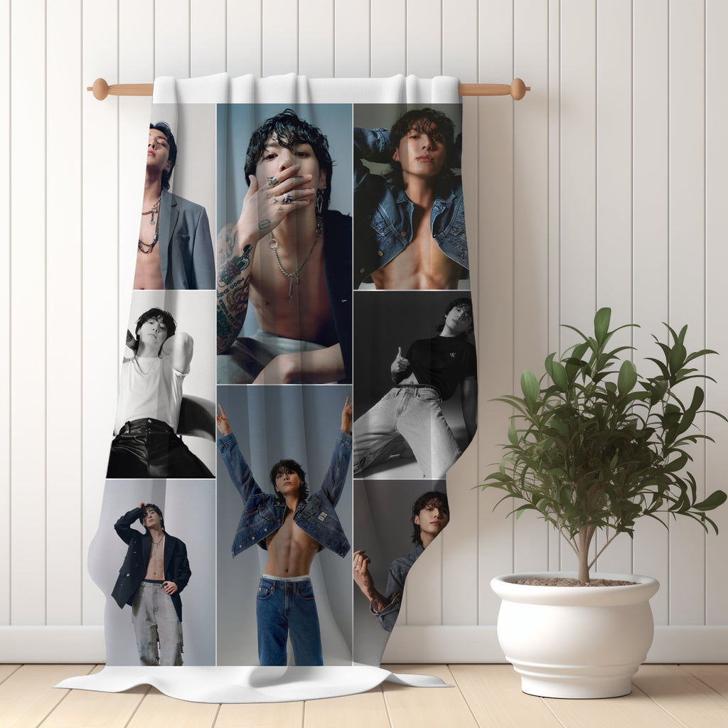 JK Boyfriend Photo Grid Blanket, JK Abs Tattoo Velveteen Blanket, Custom Gift for Army and K-Pop Fans #2313