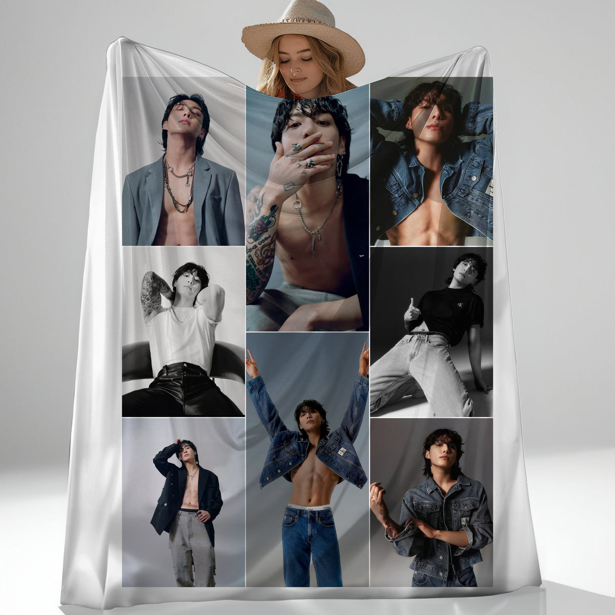 JK Boyfriend Photo Grid Blanket, JK Abs Tattoo Velveteen Blanket, Custom Gift for Army and K-Pop Fans #2313