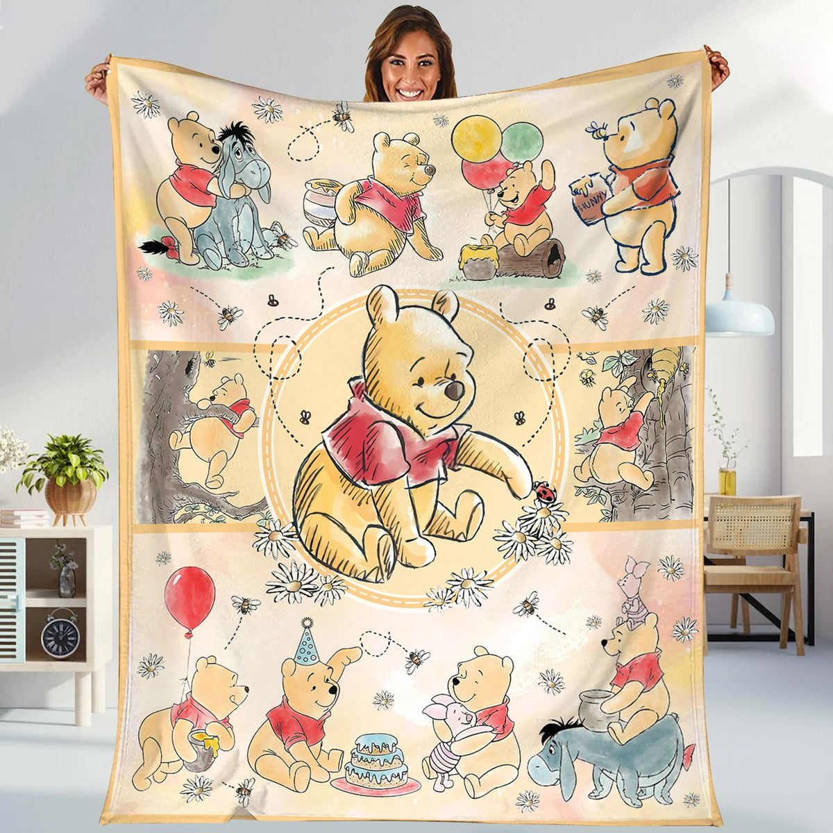 Personalized Watercolor Winnie the Pooh Blanket | Pooh Bear and Friends Blanket | Pooh Bear Magic Kingdom Blanket for Bed Couch Sofa