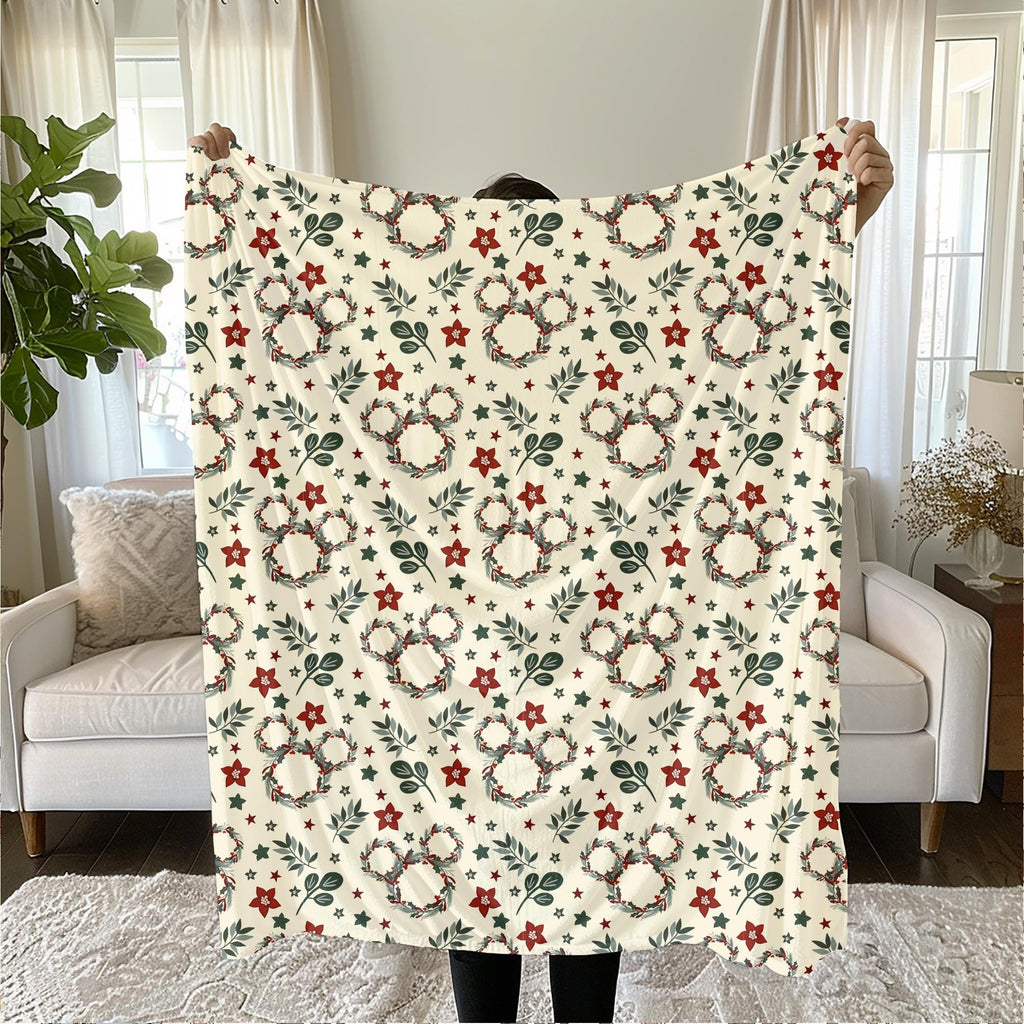 Mickey Christmas Wreath Sherpa Blanket, Disney Christmas Decor, Holiday Gift Throw Velveteen Plush Baby Blanket Customizable Toddler Blanket