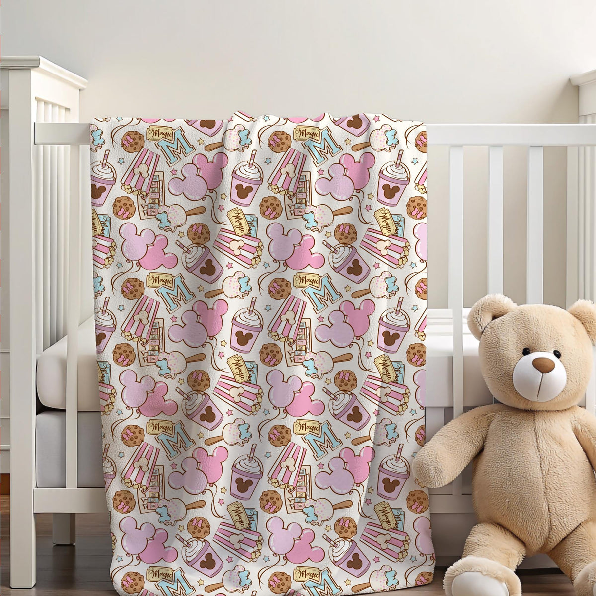 Disney Snacks Sherpa Blanket, Customizable Toddler Blanket, Disney Home Decor, Velveteen Plush Blanket for Kids, Mickey Mouse Blanket