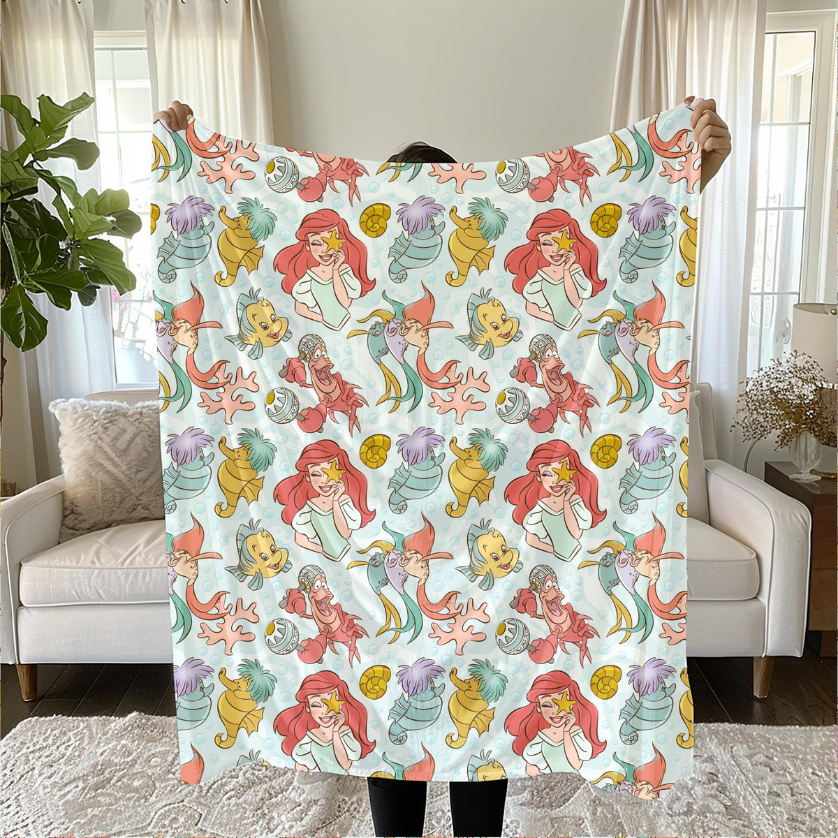 Little Mermaid Sherpa Blanket, Disney Princess Ariel Blanket for Kids, Customizable Baby Blanket, Gift for Girls, Disney Plush Blanket