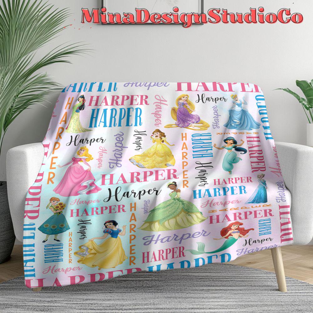 Personalized Disney Princess Blanket, Watercolor Princess Birthday Girl Gift Home Decor, Custom Name Baby Girl Blanket, Cinderella Rapunzel