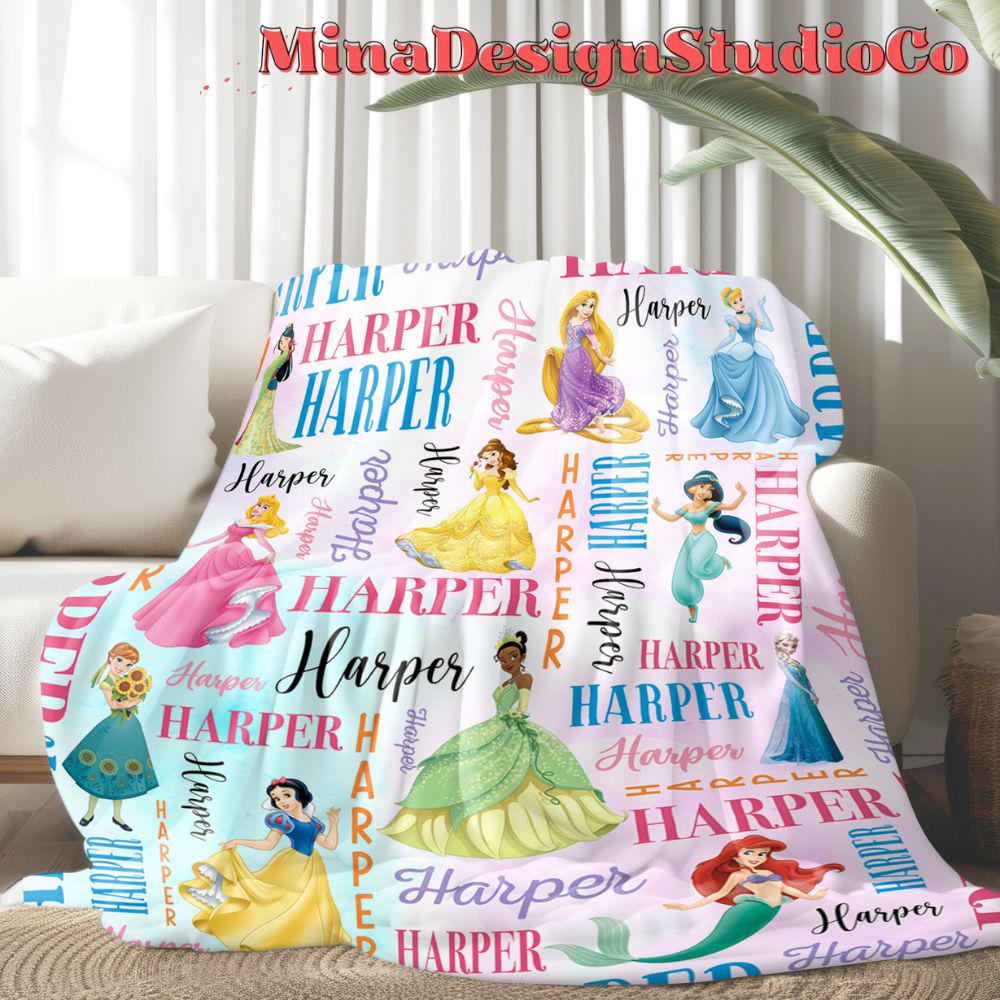 Personalized Disney Princess Blanket, Watercolor Princess Birthday Girl Gift Home Decor, Custom Name Baby Girl Blanket, Cinderella Rapunzel