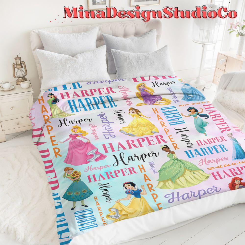 Personalized Disney Princess Blanket, Watercolor Princess Birthday Girl Gift Home Decor, Custom Name Baby Girl Blanket, Cinderella Rapunzel