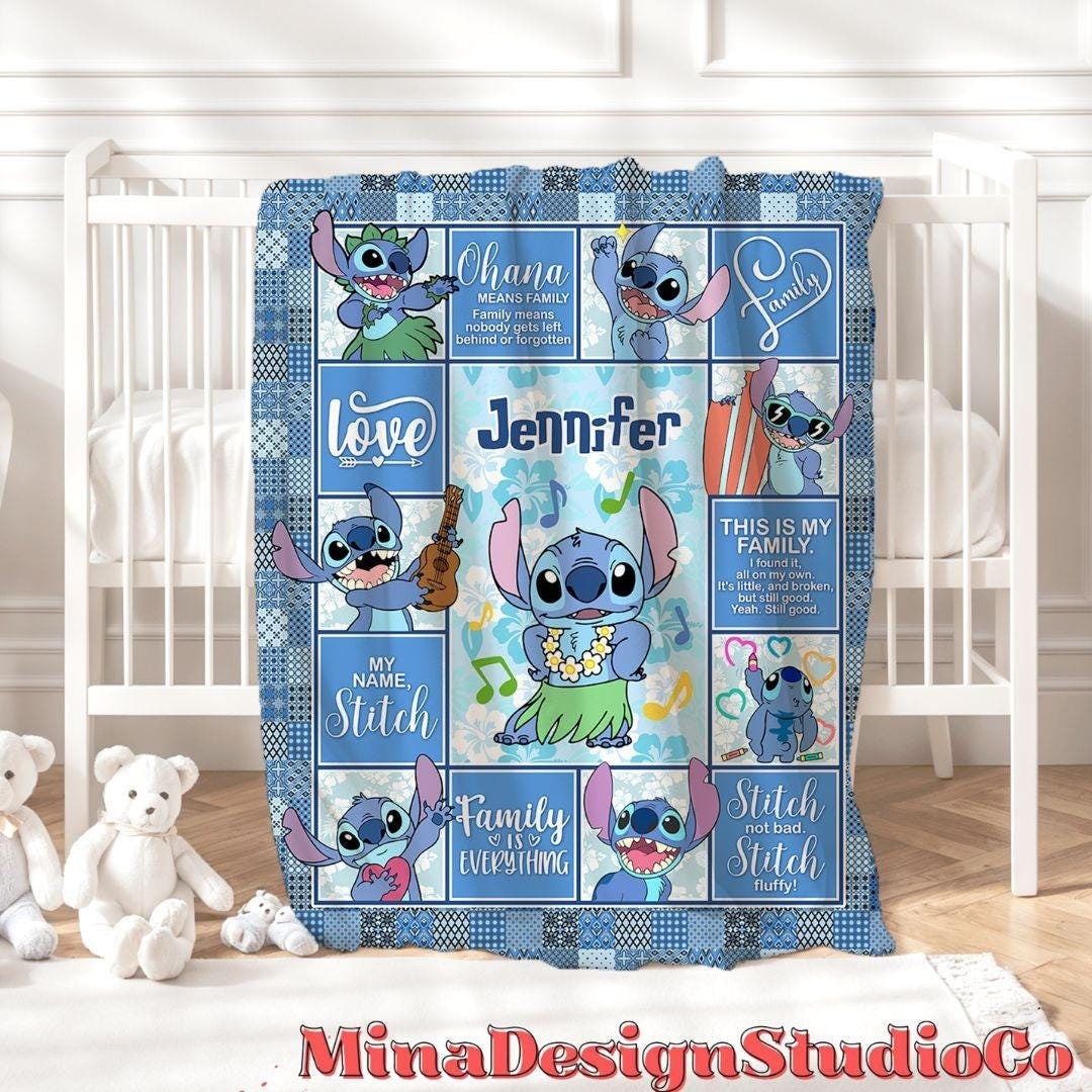 Personalized Disney Stitch Blanket, Ohana Means Family Lilo & Stitch Birthday Boy Gift, Birthday Girl Home Decoration, Birthday Gift for Kid