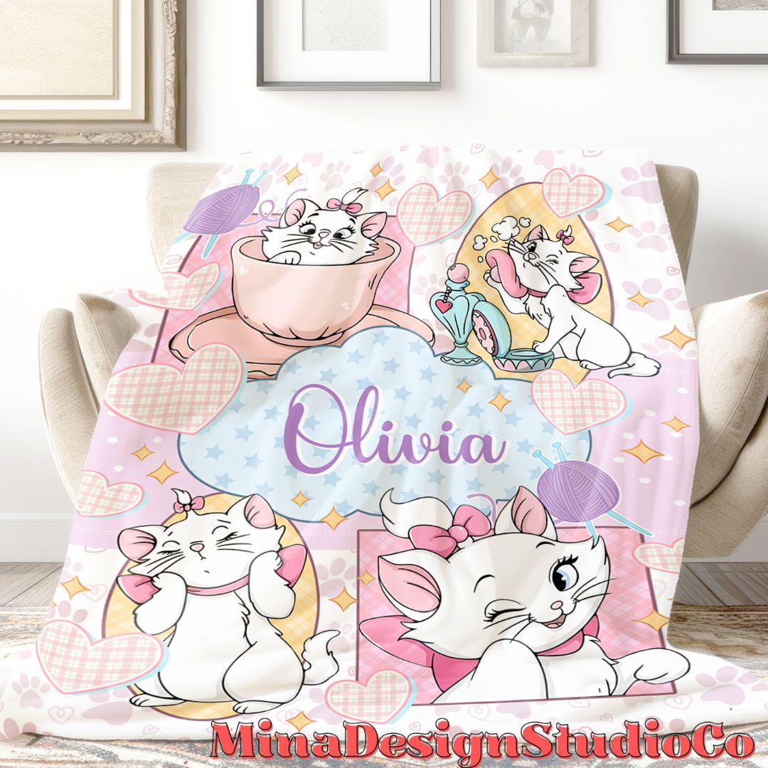 Personalized The Aristocats Marie Disney Cat Blanket, Cat Lovers Birthday Girl Gift Home Decor, Baby Girl Blanket, Christmas Cat Mom Gifts