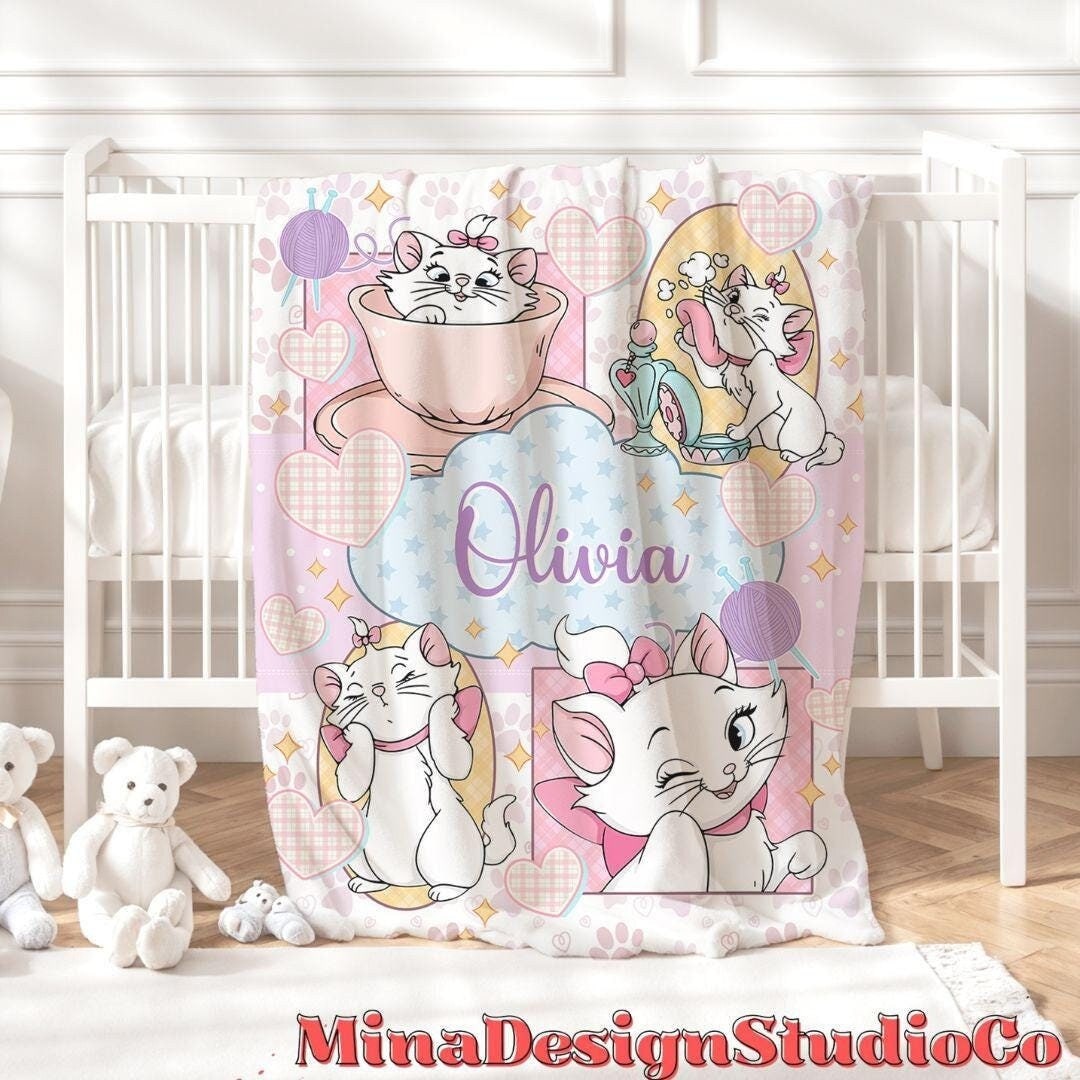 Personalized The Aristocats Marie Disney Cat Blanket, Cat Lovers Birthday Girl Gift Home Decor, Baby Girl Blanket, Christmas Cat Mom Gifts