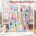 Personalized Disney Princess Blanket, Watercolor Princess Birthday Girl Gift Home Decor, Custom Name Baby Girl Blanket, Cinderella Rapunzel