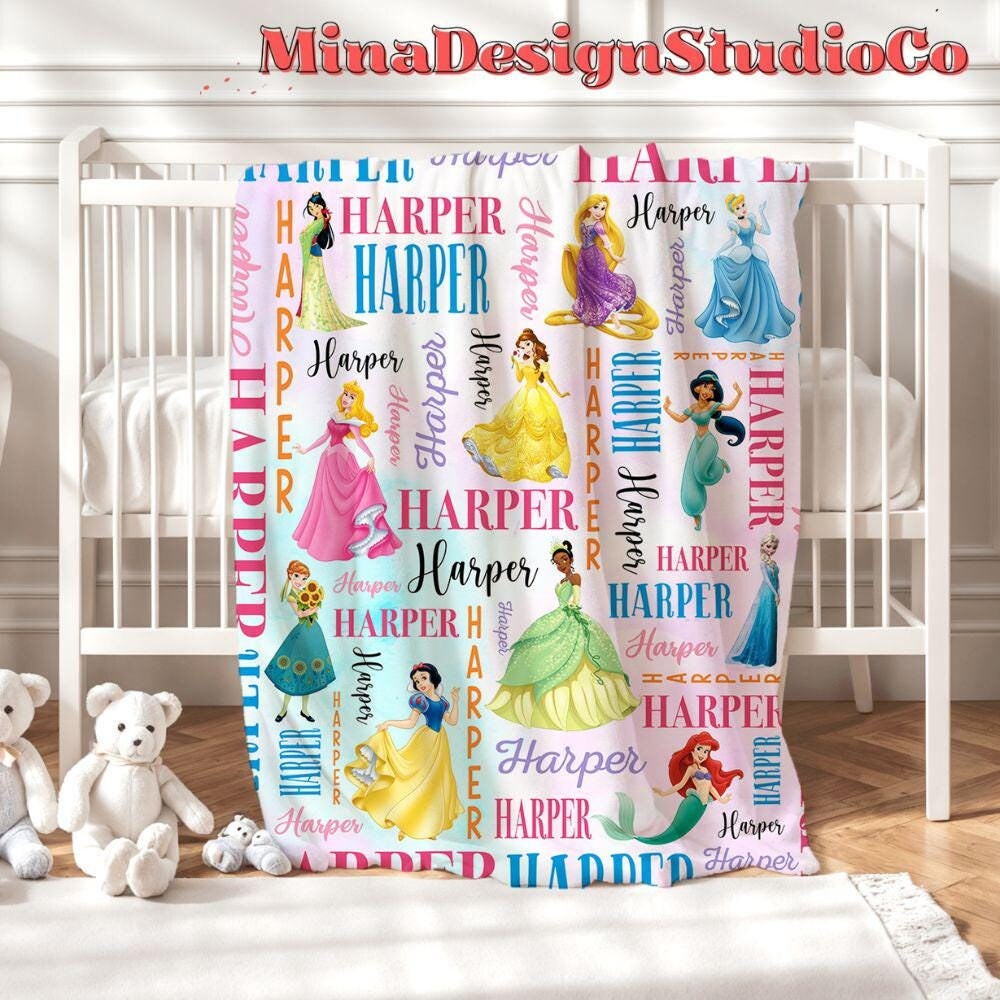 Personalized Disney Princess Blanket, Watercolor Princess Birthday Girl Gift Home Decor, Custom Name Baby Girl Blanket, Cinderella Rapunzel
