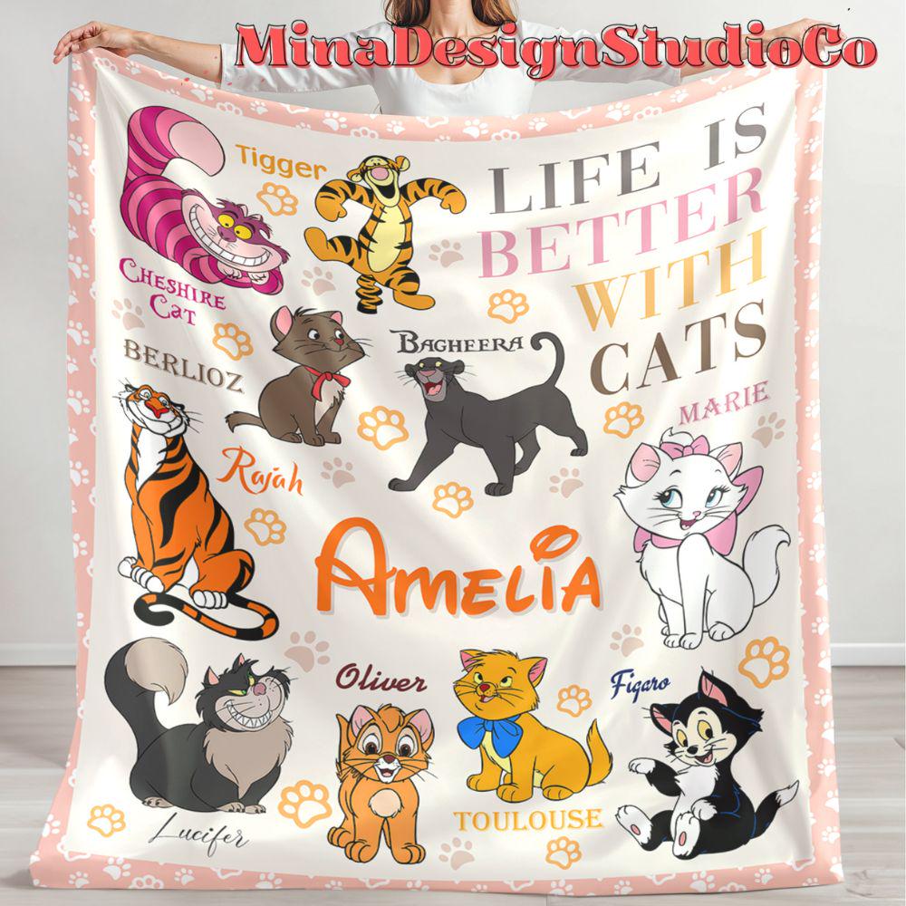 Personalized Disney Cat Blanket, The Aristocats Marie Toulouse Berlioz Cat Lovers Birthday Gift Home Decor, Cheshire Cat Christmas Cat Mom