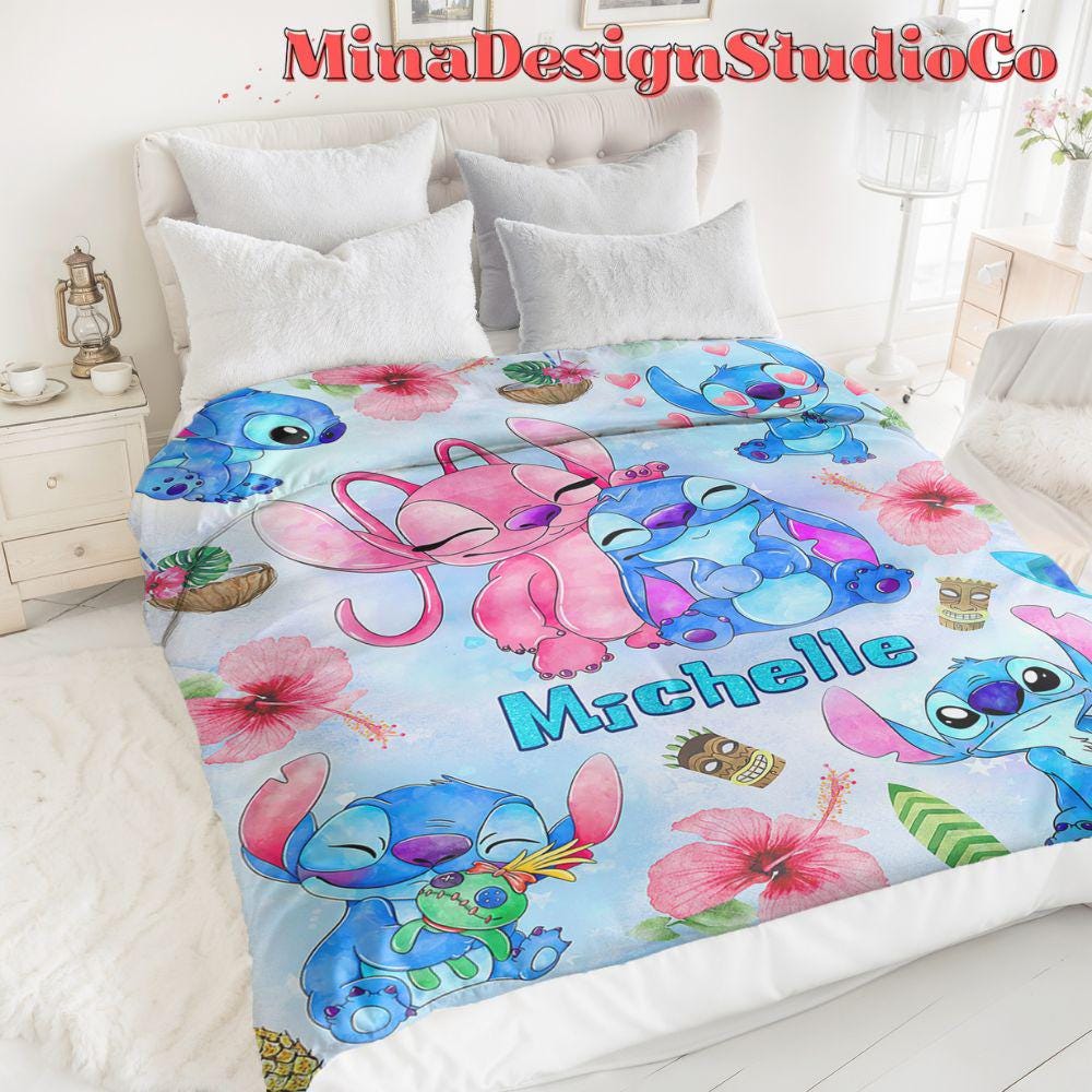 Personalized Watercolor Disney Stitch Blanket, Ohana Means Family Lilo & Stitch Birthday Boy, Couple Stitch Angel Birthday Girl Home Decor