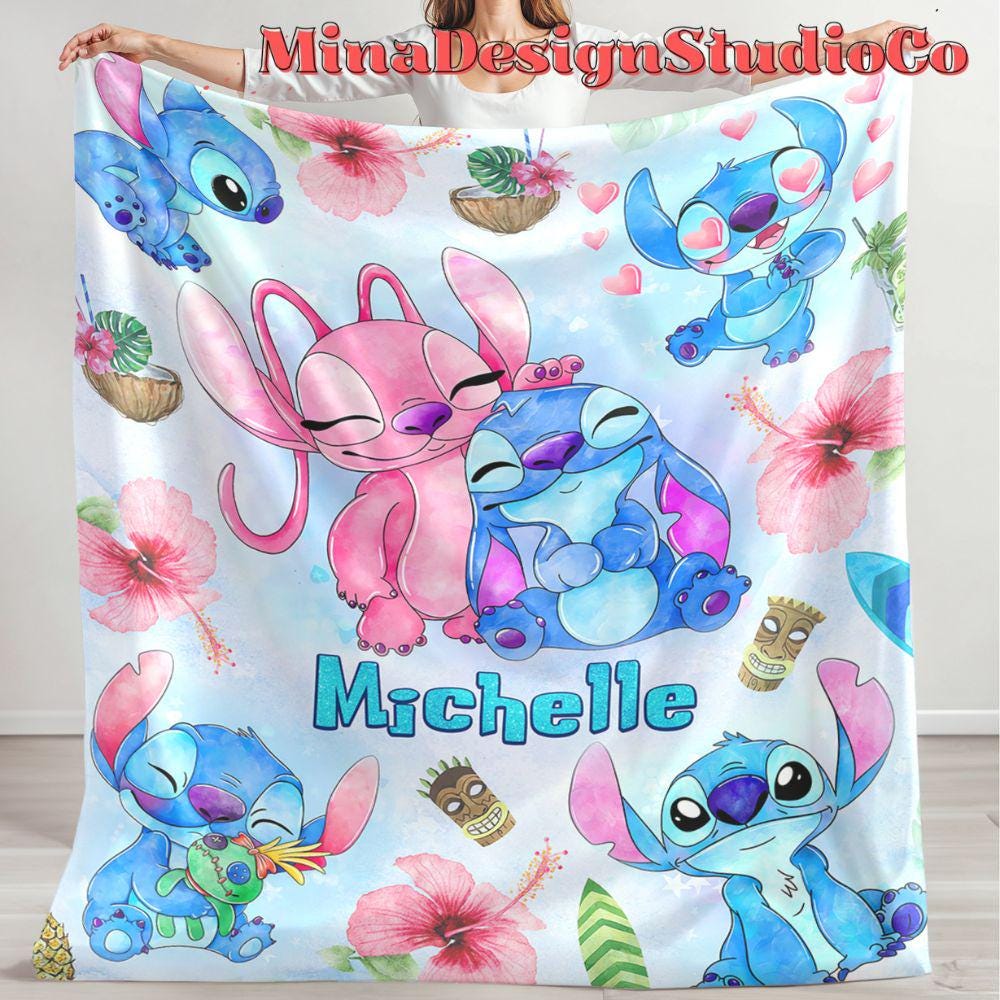 Personalized Watercolor Disney Stitch Blanket, Ohana Means Family Lilo & Stitch Birthday Boy, Couple Stitch Angel Birthday Girl Home Decor