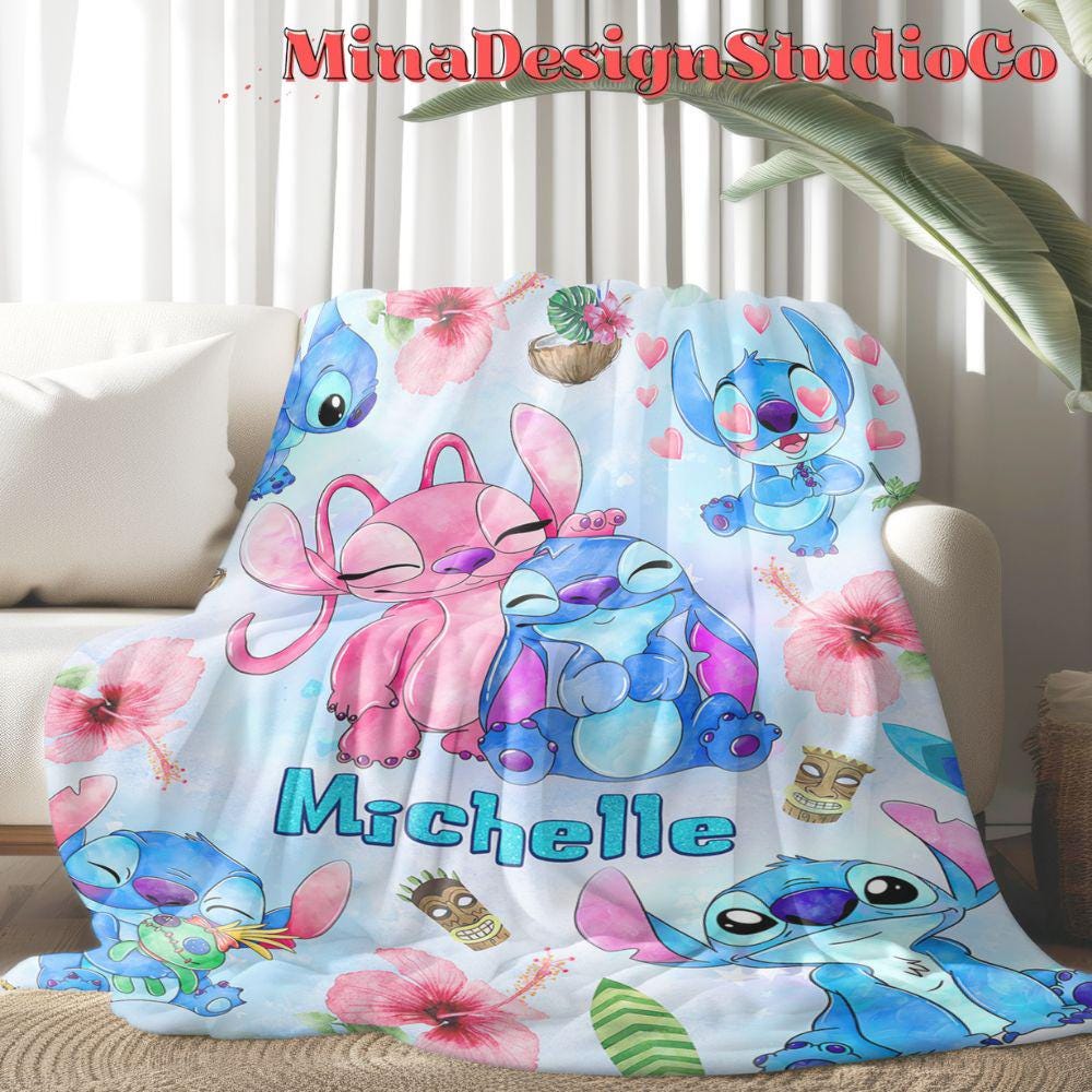 Personalized Watercolor Disney Stitch Blanket, Ohana Means Family Lilo & Stitch Birthday Boy, Couple Stitch Angel Birthday Girl Home Decor
