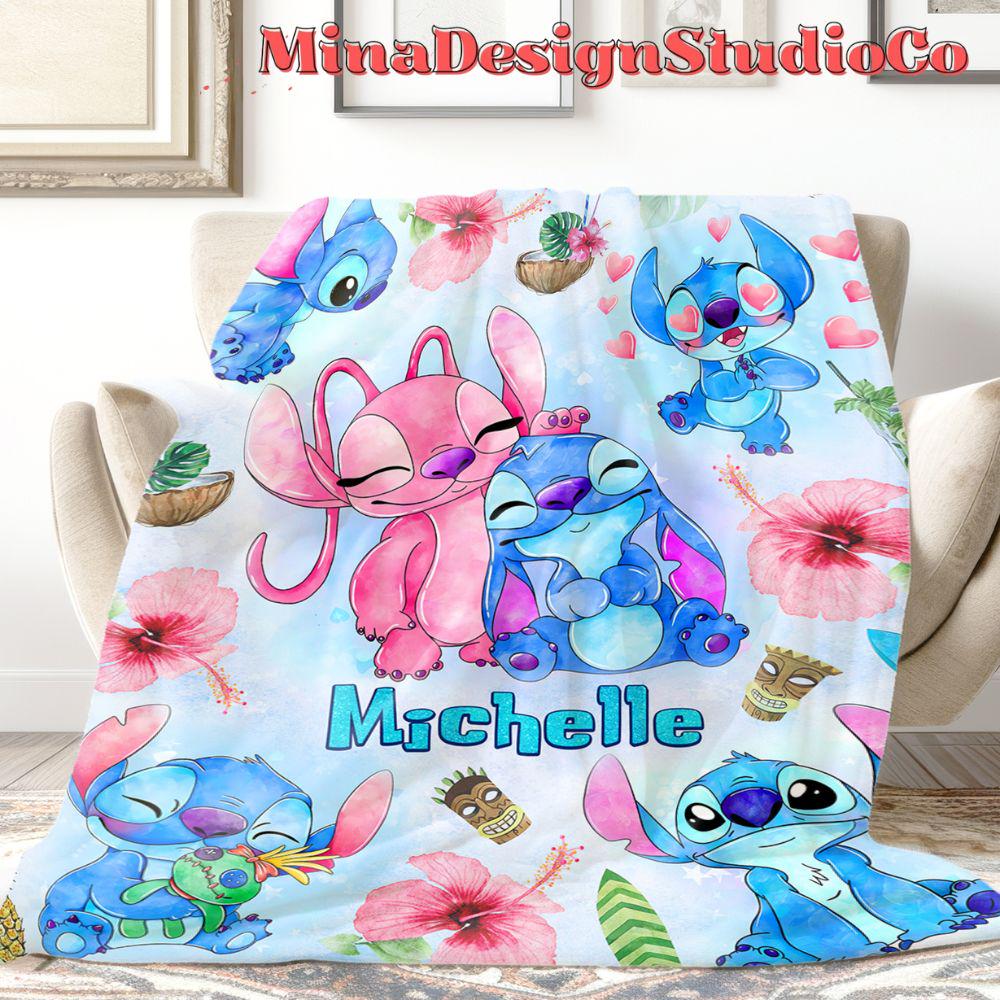 Personalized Watercolor Disney Stitch Blanket, Ohana Means Family Lilo & Stitch Birthday Boy, Couple Stitch Angel Birthday Girl Home Decor