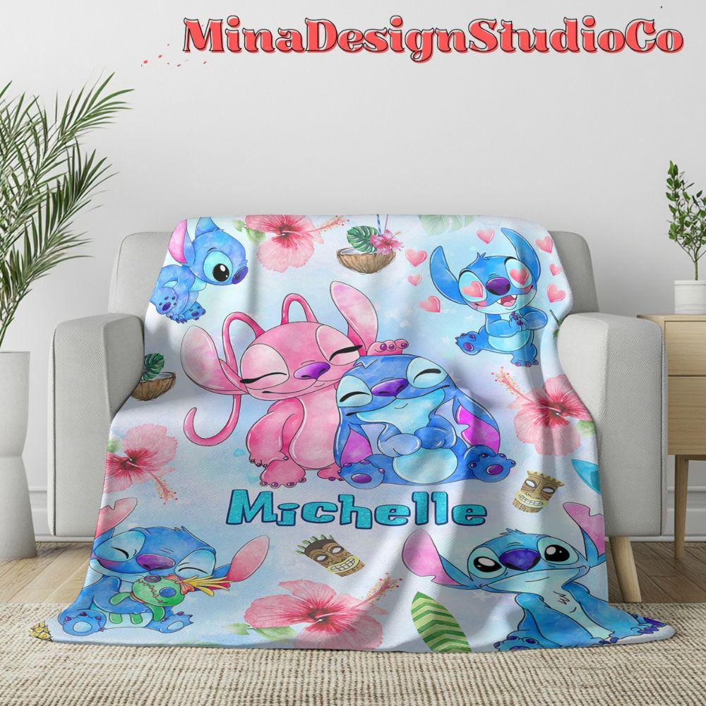 Personalized Watercolor Disney Stitch Blanket, Ohana Means Family Lilo & Stitch Birthday Boy, Couple Stitch Angel Birthday Girl Home Decor