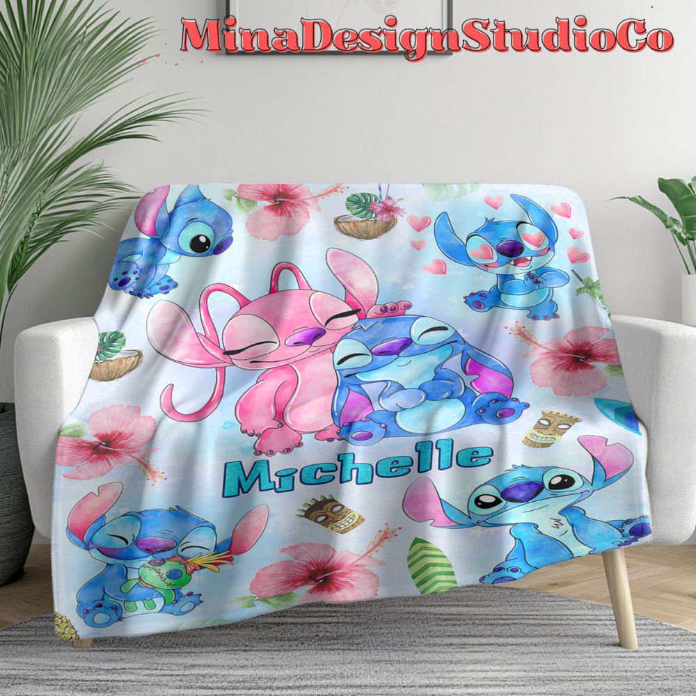 Personalized Watercolor Disney Stitch Blanket, Ohana Means Family Lilo & Stitch Birthday Boy, Couple Stitch Angel Birthday Girl Home Decor