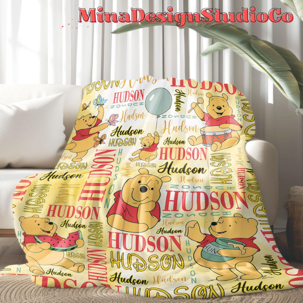 Personalized Watercolor Disney Winnie The Pooh Blanket, Custom Pooh Bear Birthday Girl Gift Home Decor, Birthday Boy Blanket, Baby Girl Gift