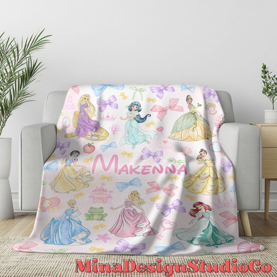 Personalized Coquette Bows Disney Princess Blanket, Watercolor Princess Birthday Girl Gift Home Decoration, Custom Name Baby Girl Blanket