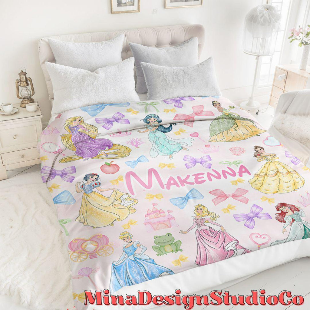 Personalized Coquette Bows Disney Princess Blanket, Watercolor Princess Birthday Girl Gift Home Decoration, Custom Name Baby Girl Blanket