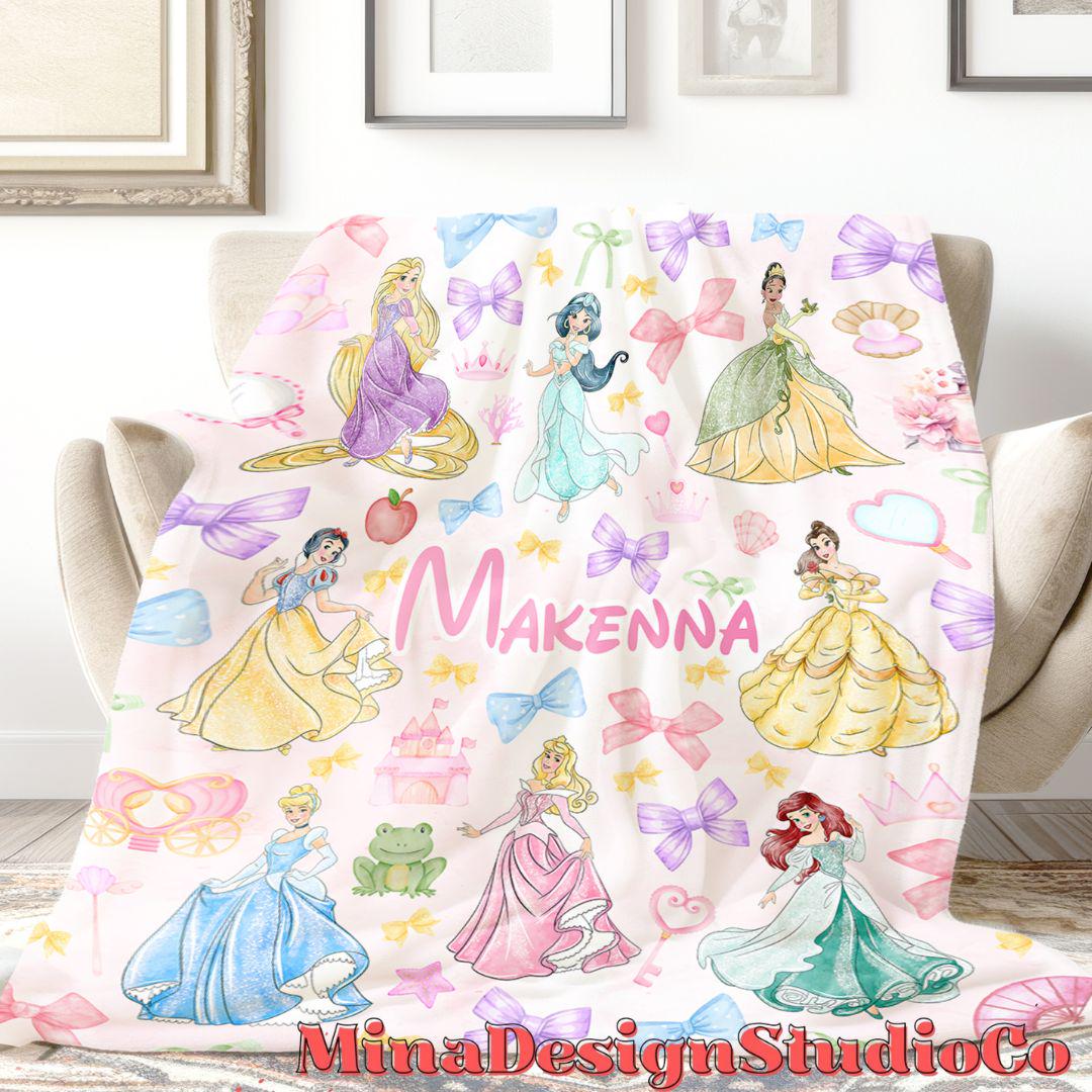 Personalized Coquette Bows Disney Princess Blanket, Watercolor Princess Birthday Girl Gift Home Decoration, Custom Name Baby Girl Blanket