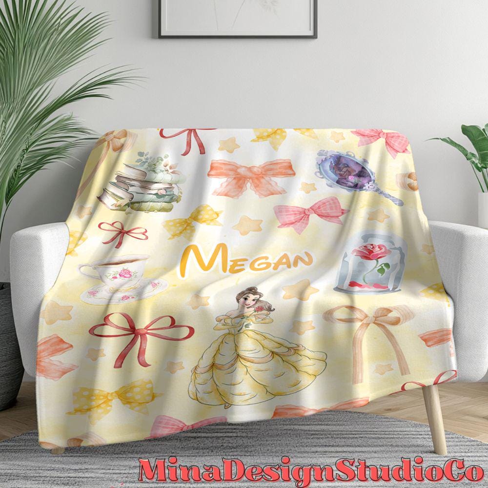 Personalized Coquette Bows Disney Beauty and the Beast Blanket, Watercolor Princess Belle Birthday Girl Gift Home Decor, Baby Girl Blanket