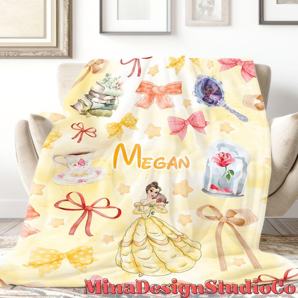 Personalized Coquette Bows Disney Beauty and the Beast Blanket, Watercolor Princess Belle Birthday Girl Gift Home Decor, Baby Girl Blanket