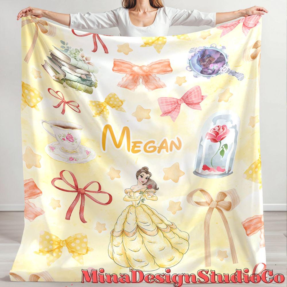 Personalized Coquette Bows Disney Beauty and the Beast Blanket, Watercolor Princess Belle Birthday Girl Gift Home Decor, Baby Girl Blanket