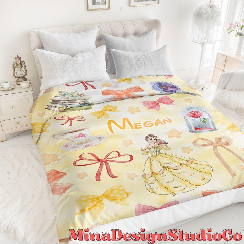Personalized Coquette Bows Disney Beauty and the Beast Blanket, Watercolor Princess Belle Birthday Girl Gift Home Decor, Baby Girl Blanket