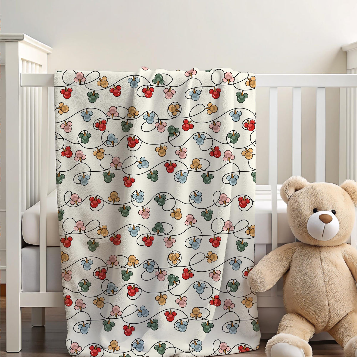 Mickey Christmas Lights Sherpa Blanket, Customizable Baby Blanket, Disney Christmas Decor, Toddler Velveteen Plush Blanket, Holiday Decor