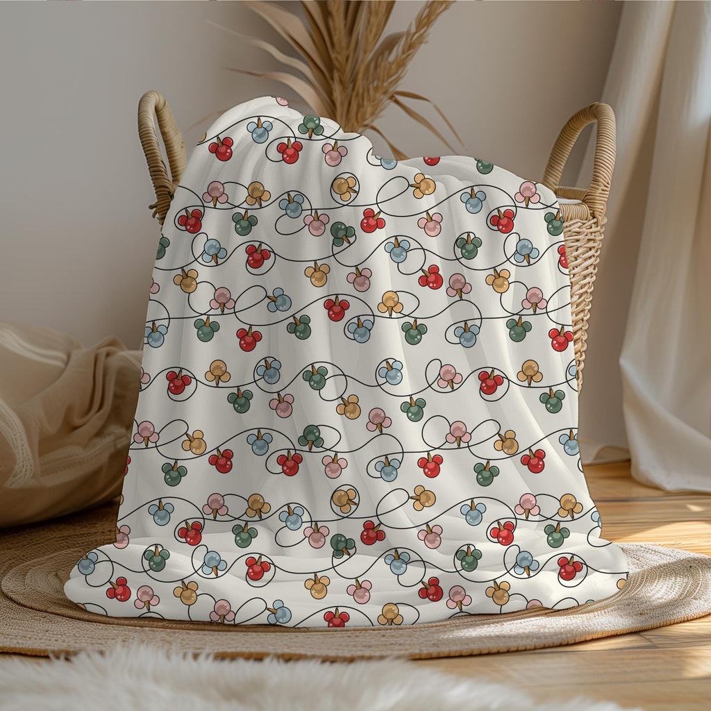 Mickey Christmas Lights Sherpa Blanket, Customizable Baby Blanket, Disney Christmas Decor, Toddler Velveteen Plush Blanket, Holiday Decor
