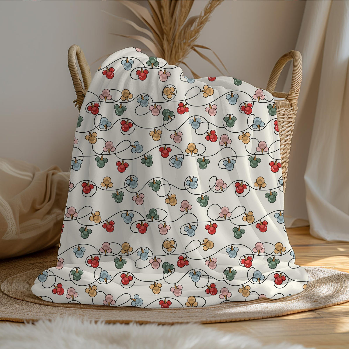 Mickey Christmas Lights Sherpa Blanket, Customizable Baby Blanket, Disney Christmas Decor, Toddler Velveteen Plush Blanket, Holiday Decor