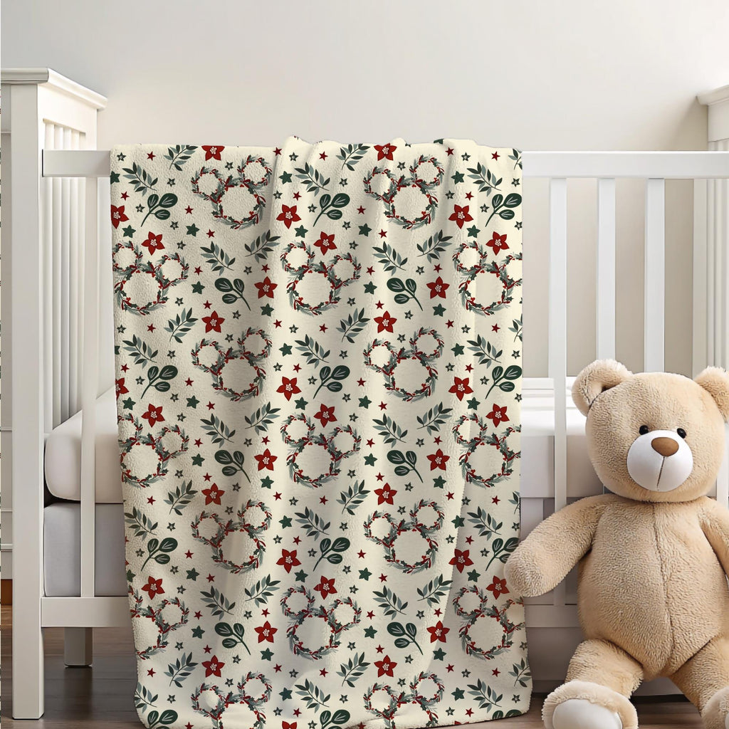 Mickey Christmas Wreath Sherpa Blanket, Disney Christmas Decor, Holiday Gift Throw Velveteen Plush Baby Blanket Customizable Toddler Blanket