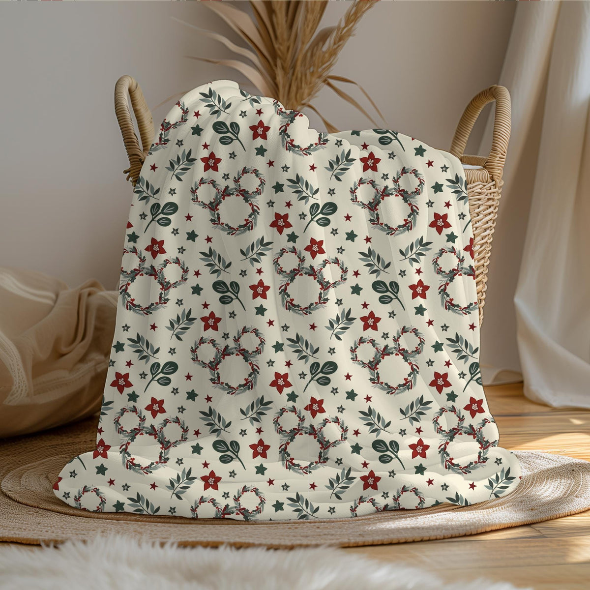 Mickey Christmas Wreath Sherpa Blanket, Disney Christmas Decor, Holiday Gift Throw Velveteen Plush Baby Blanket Customizable Toddler Blanket