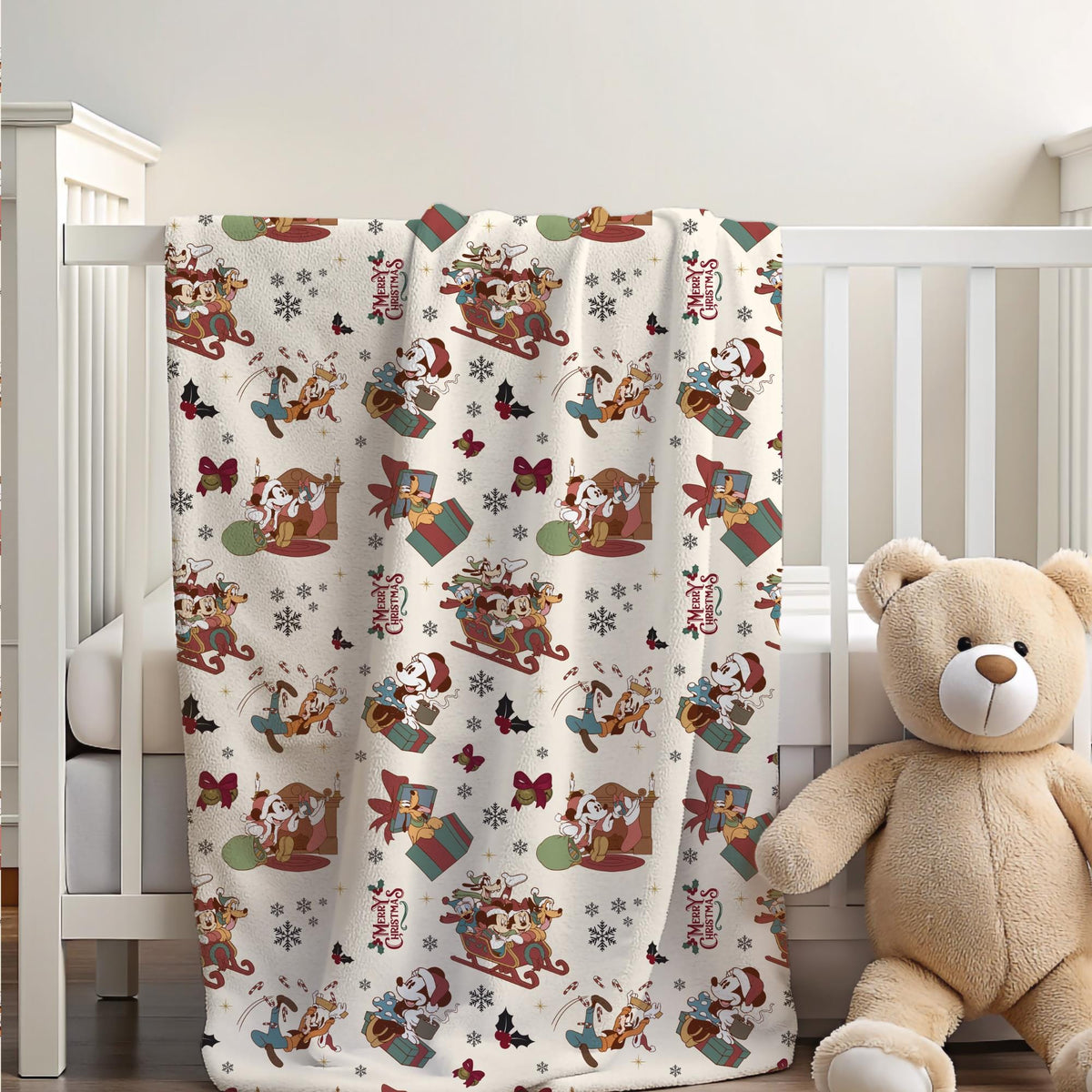 Mickey Mouse Christmas Sherpa Blanket, Disney Home Decor, Customizable Baby Blanket, Velveteen Plush Toddler Blanket, Disney Christmas Gift
