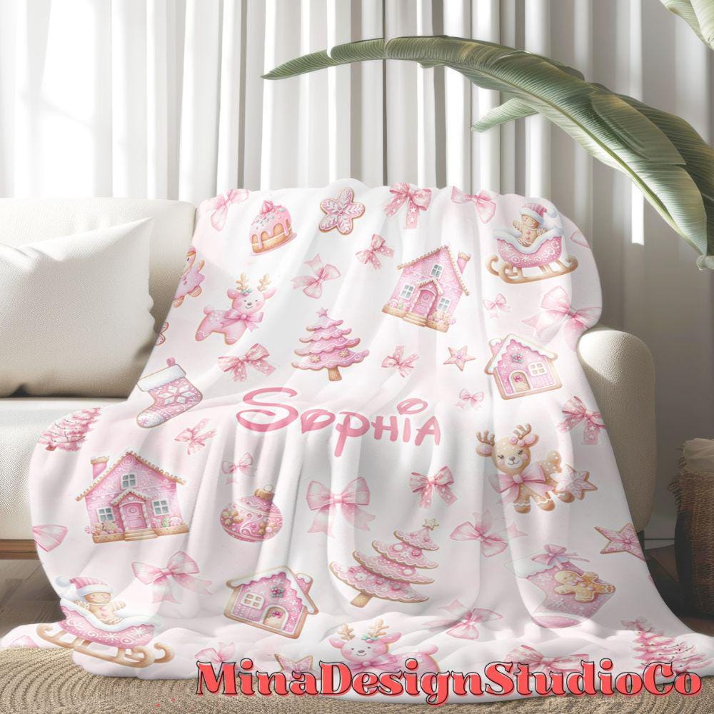 Personalized Watercolor Pink Christmas Blanket, Gingerbread House Stocking Christmas Tree Home Decor, Holiday Custom Name Baby Girl Blanket