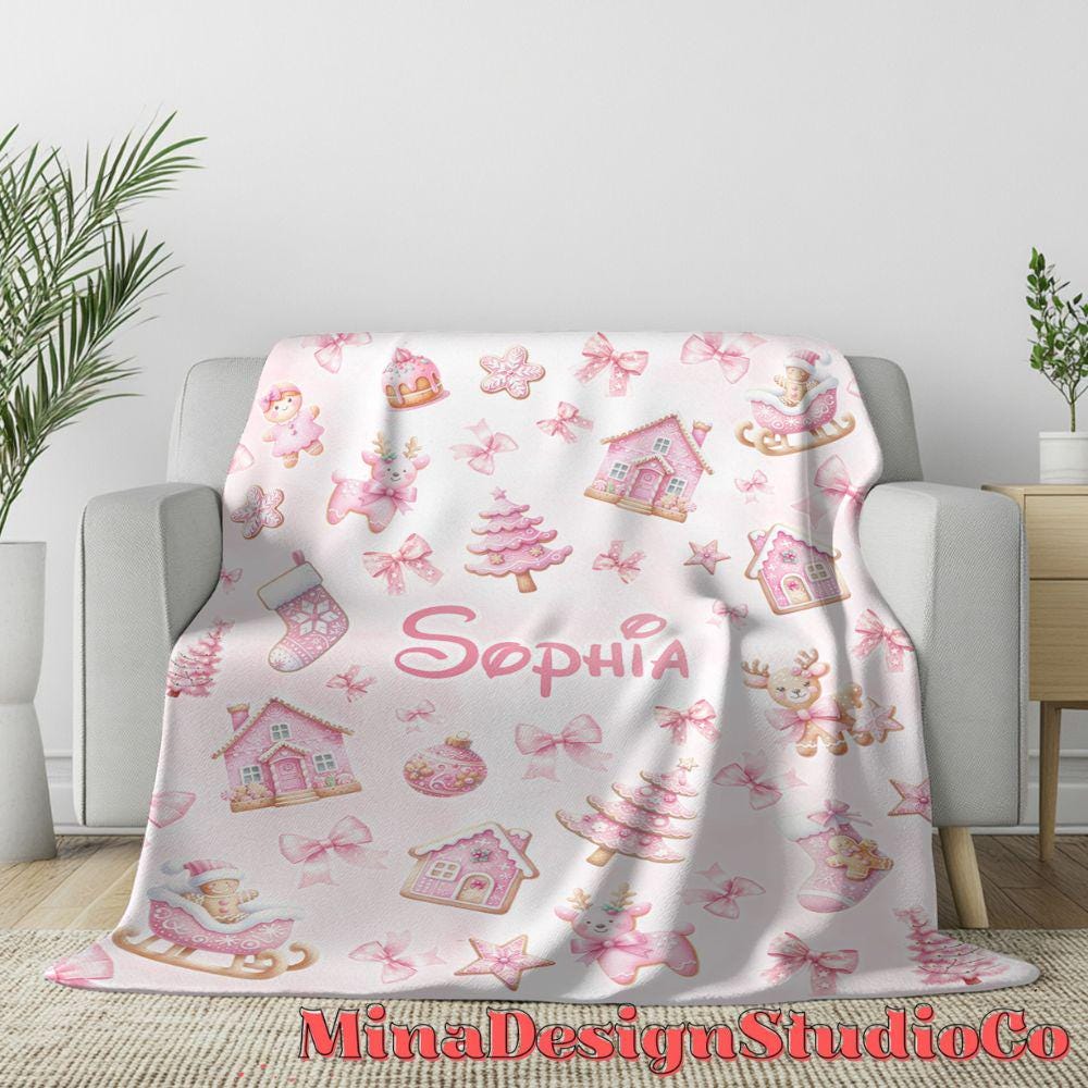 Personalized Watercolor Pink Christmas Blanket, Gingerbread House Stocking Christmas Tree Home Decor, Holiday Custom Name Baby Girl Blanket