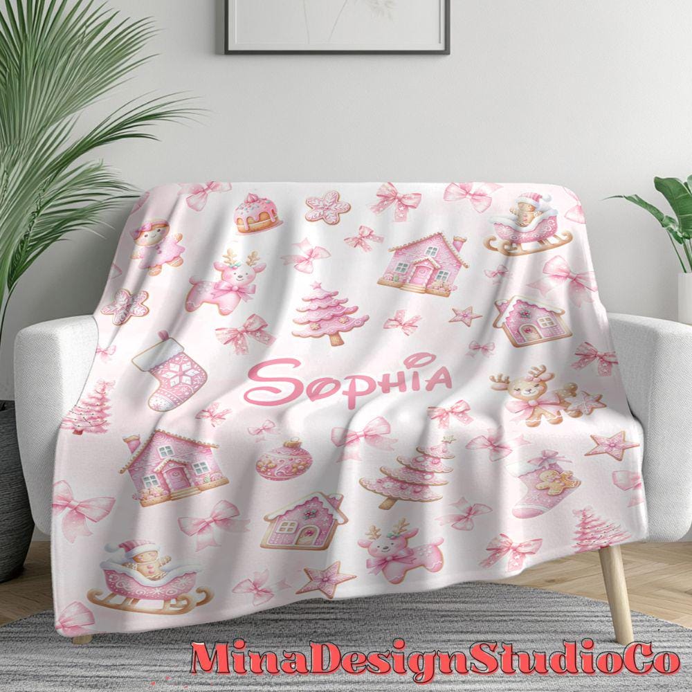 Personalized Watercolor Pink Christmas Blanket, Gingerbread House Stocking Christmas Tree Home Decor, Holiday Custom Name Baby Girl Blanket