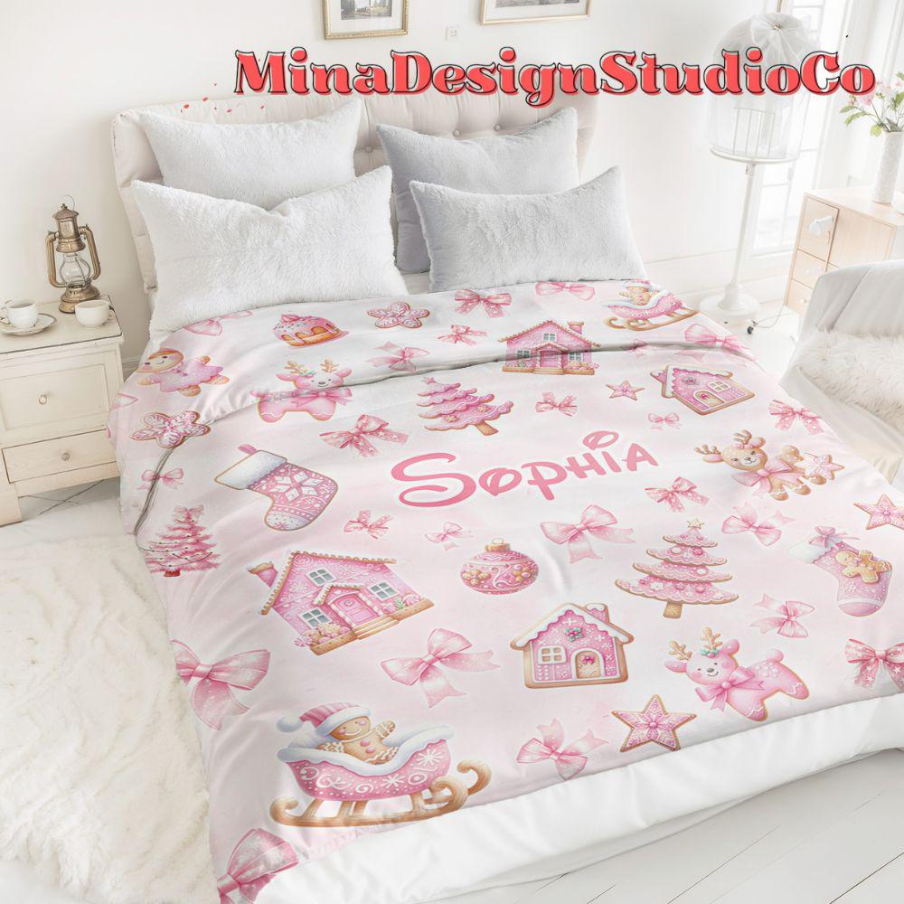 Personalized Watercolor Pink Christmas Blanket, Gingerbread House Stocking Christmas Tree Home Decor, Holiday Custom Name Baby Girl Blanket